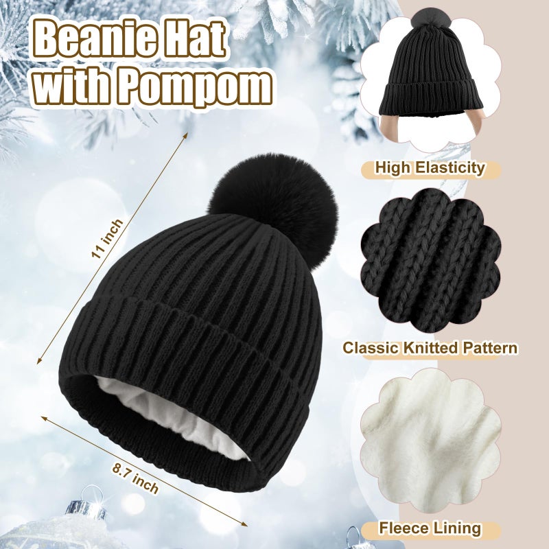 ShinyMatch 12 Pcs Winter Hat Gloves Scarf Earmuff Set Beanie Pompom Fleece Lining Hat Touch Screen Gloves Knitted Scarf(Black, Beige, Pink,Classic Style) - Image 3