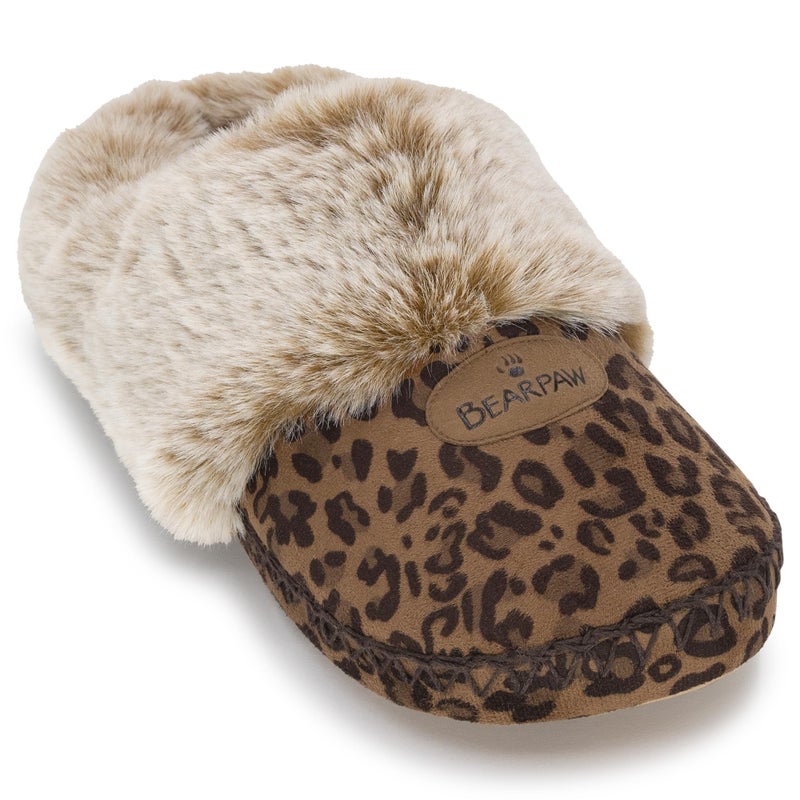 BEARPAW Womens Indoor Microsuede Faux Fur Lined Soft Sole Slipper With Skid Resistant Bottom, Natural Leopard, Medium - Image 1
