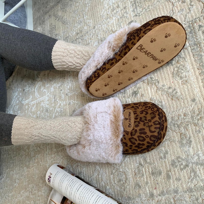 BEARPAW Womens Indoor Microsuede Faux Fur Lined Soft Sole Slipper With Skid Resistant Bottom, Natural Leopard, Medium - Image 2