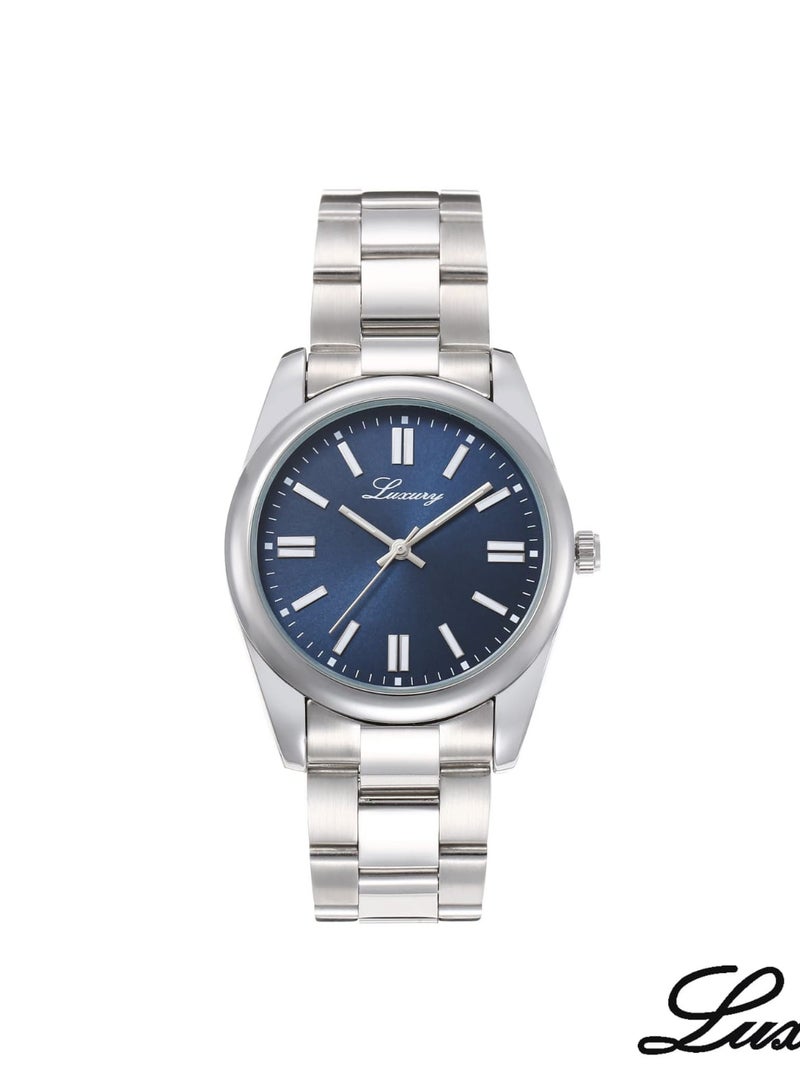 Luxure Men's Stainless Steel Waterproof Watch, Modern, High Quality - Silver Band with Blue Dial