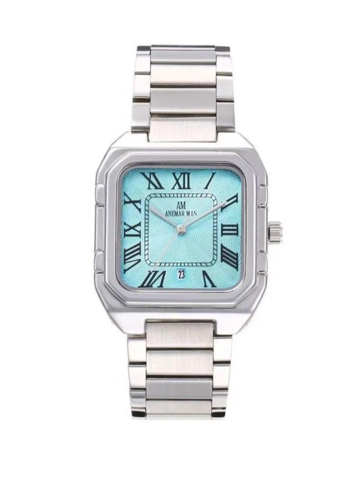 ANEMAR MAN Men's waterproof watch, high quality steel, silver bracelet with sky blue dial