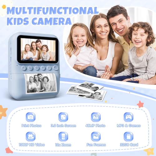 CalineGam Kids Camera Instant Print, 3.0'' Screen 48MP Photo Instant Camera for Kids with 32GB Card, 1080P HD Digital Child Printable Toy, Gift for 3-12 Year Old Girls Boys - Image 3