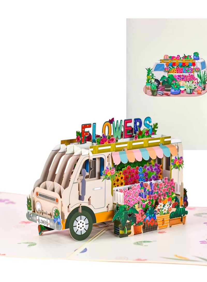 KASTWAVE Flower Truck Pop Up Card Handmade 3D Greeting Cards for Mothers Day Valentines Day Wedding Anniversary Thank You Thinking of You Sympathy Get Well All Occasion - Image 1