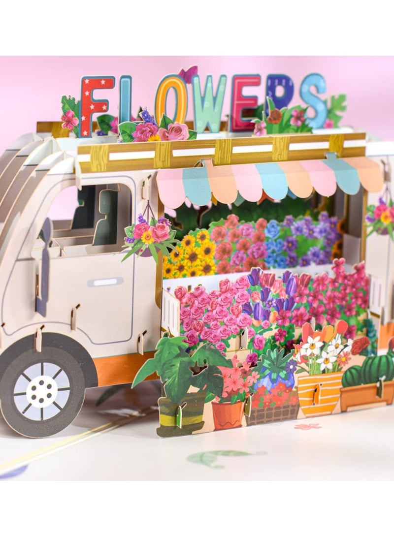 KASTWAVE Flower Truck Pop Up Card Handmade 3D Greeting Cards for Mothers Day Valentines Day Wedding Anniversary Thank You Thinking of You Sympathy Get Well All Occasion - Image 2