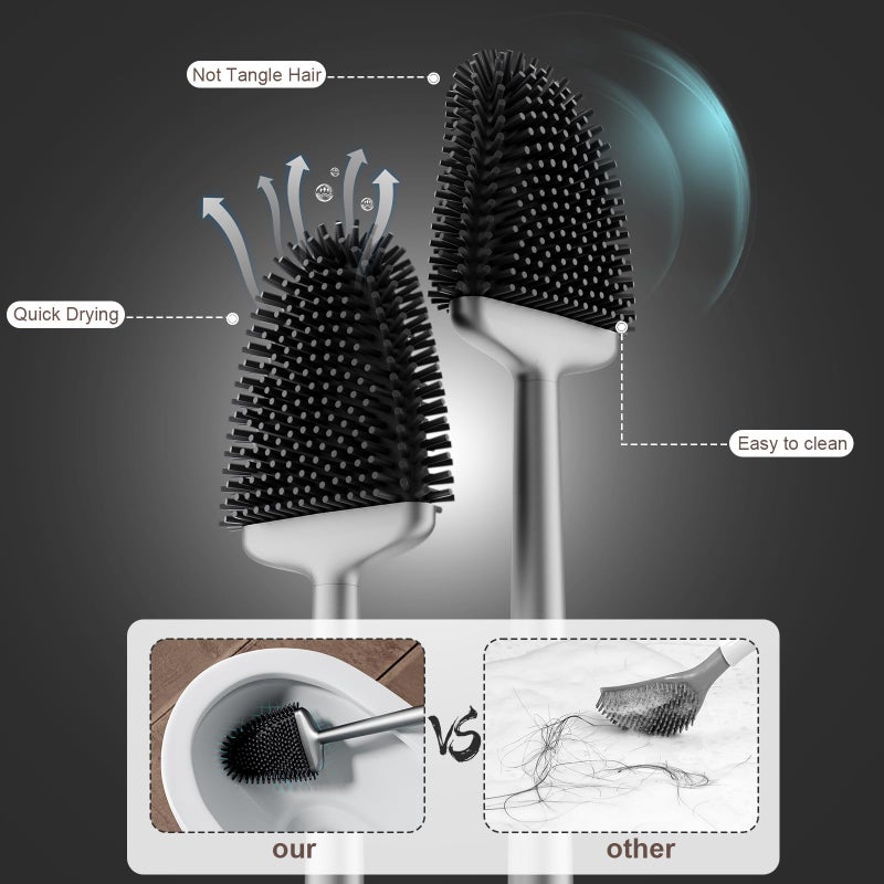 Sellemer مجموعة فرشاة وم holder مرحاض سيلمر - رأس فرشاة مرحاض مرن مع شعيرات سيليكون، حجم مدمج للتخزين والتنظيم، قاعدة فتحات تهوية (1 عبوة، فضي) - Image 3
