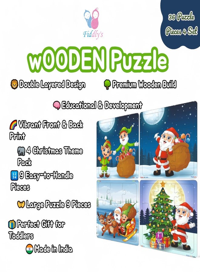 Fiddlys Wooden Jigsaw Puzzles for Kids & Children – 9 Pieces Each | Double Layered Puzzles with Bright Front & Back Print | Educational Toy for Boys & Girls Age 2 3 4 5 6 Year (Pack of 4 Christmas) - Image 2