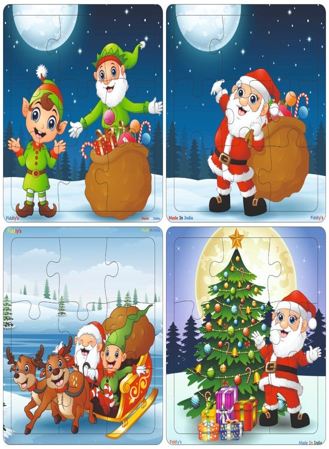 Fiddlys Wooden Jigsaw Puzzles for Kids & Children – 9 Pieces Each | Double Layered Puzzles with Bright Front & Back Print | Educational Toy for Boys & Girls Age 2 3 4 5 6 Year (Pack of 4 Christmas) - Image 1