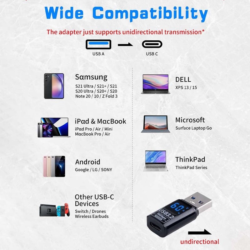 TECPHILE 100W USB A Male to USB OTG Adapter Connector with LED Display, 10Gbps USB 3.2 Fast Charging Connecter, Male to Female Converter, for Galaxy S25/S24, iPhone 16 15, Pixel 8 7 & USB-C Devices - Image 3
