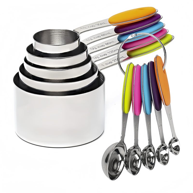 RUNZI 10 Pcs Measuring Cup Set with Spoons, Stainless Steel Nesting Measuring Cups and Mini Measuring Spoons, Stackable Handle for Dry and Liquid Ingredients - Image 1