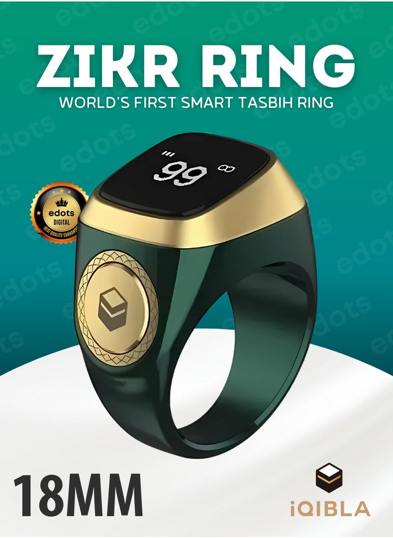 iQIBLA Smart Zikr Ring | 18MM Prayer Counter, Tasbih Counter & Muslim Prayer Time Reminder | Waterproof Wearable Technology | Green  - Image 1