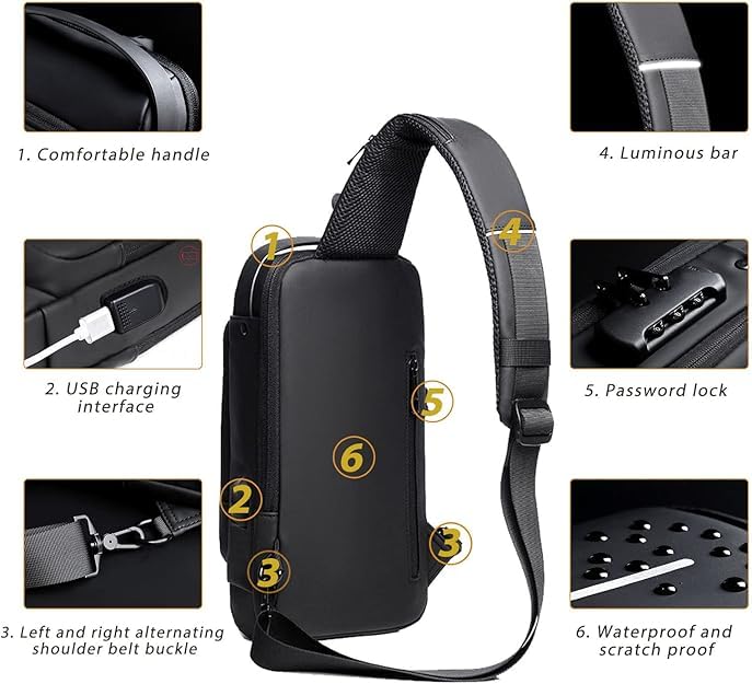 Handcuffs حقيبة صدر رفيعة غير قابلة للماء من البوليستر للرجال والنساء، حقيبة كتف للسفر الترفيهي، حقيبة صدر مضادة للسرقة ذات هيكل صلب - Image 2