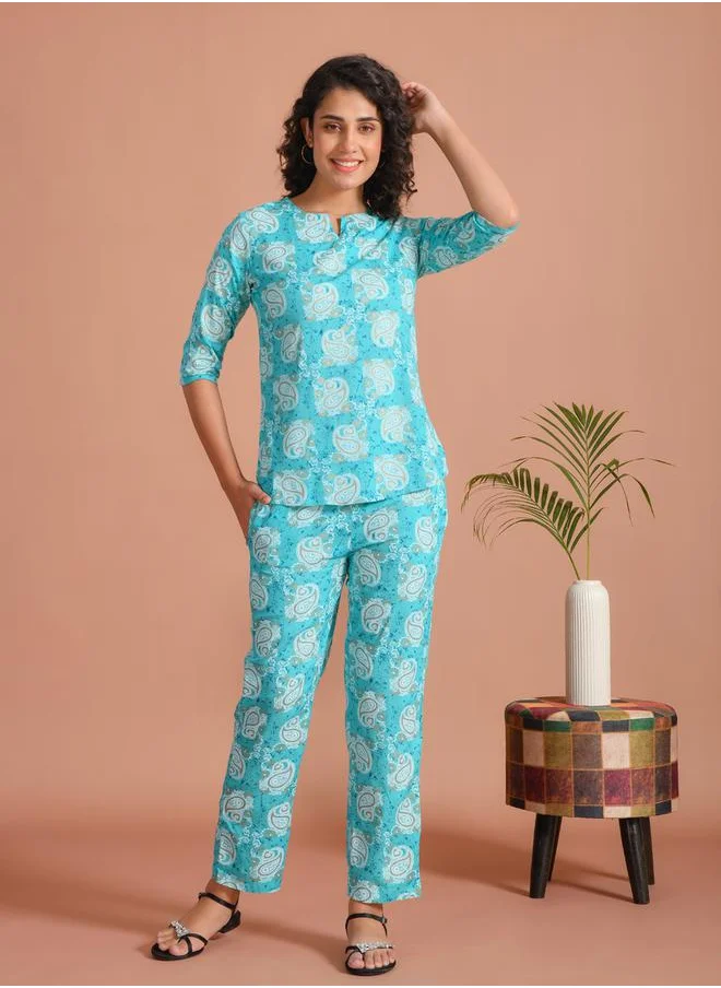 sanskrutihomes Printed Notch Neck Top and Pyjama Set by Styli