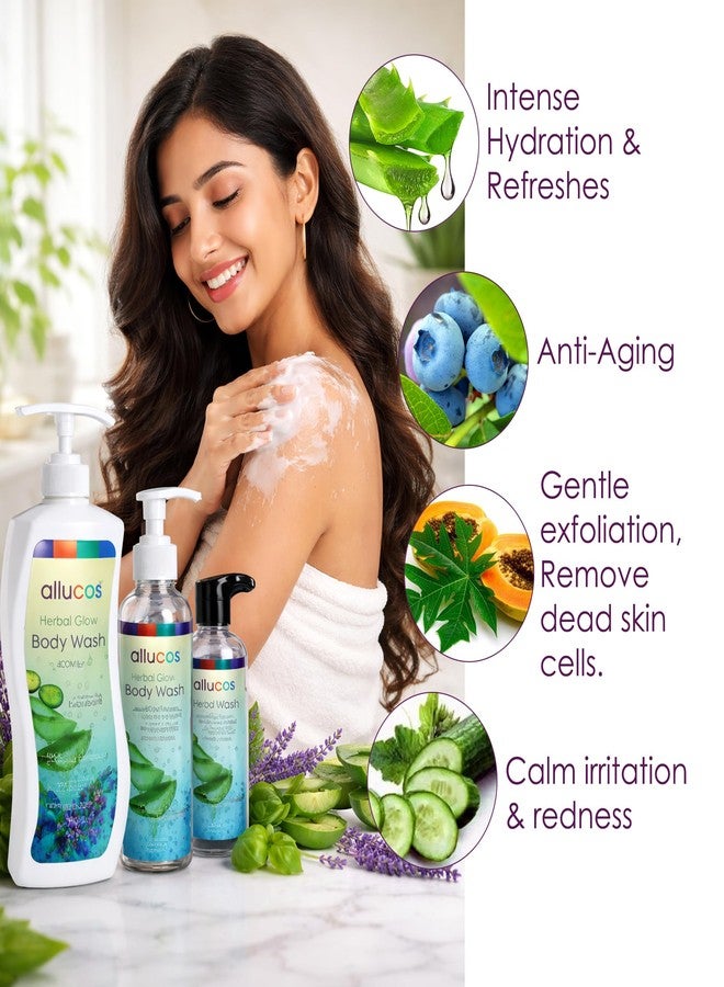 Allucos Herbal Glow Body Wash with Cucumber, Aloe Vera, Blueberry & Papaya Extract | Deep Hydration, Gentle Cleansing & Natural Skin Glow | Sulfate-Free Daily Use Shower Gel Enriched with Lavender Essential – 400ML - Image 3