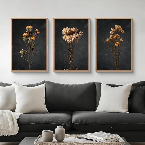 HOURIA Dark Moody Dried Floral Framed Canvas Wall Art SetVintage Mid Century Black Flower Wall DecorRetro Boho Minimalist Wildflower Botanical Artwork for Living RoomBedroomFarmhouse 16x24x3 - Image 1
