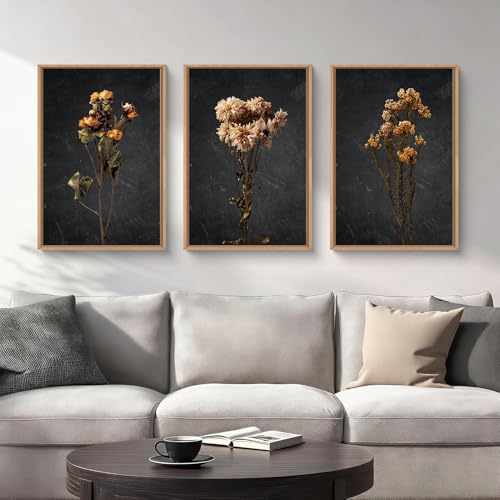 HOURIA Dark Moody Dried Floral Framed Canvas Wall Art SetVintage Mid Century Black Flower Wall DecorRetro Boho Minimalist Wildflower Botanical Artwork for Living RoomBedroomFarmhouse 16x24x3 - Image 3