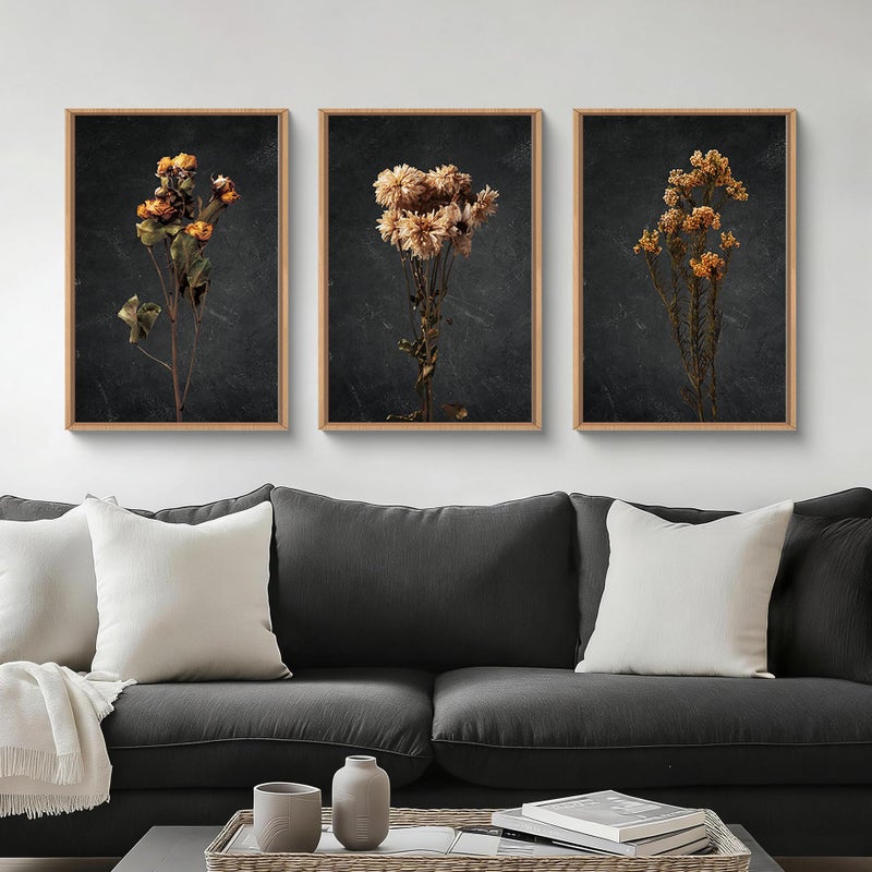 HOURIA Dark Moody Dried Floral Framed Canvas Wall Art SetVintage Mid Century Black Flower Wall DecorRetro Boho Minimalist Wildflower Botanical Artwork for Living RoomBedroomFarmhouse 16x24x3 - Image 2