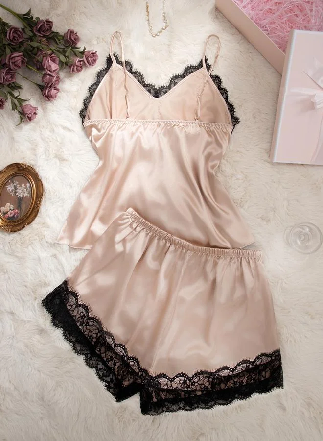 Take Two Women's Plus Size Lace Trim Cami Top With Shorts Pajama Set