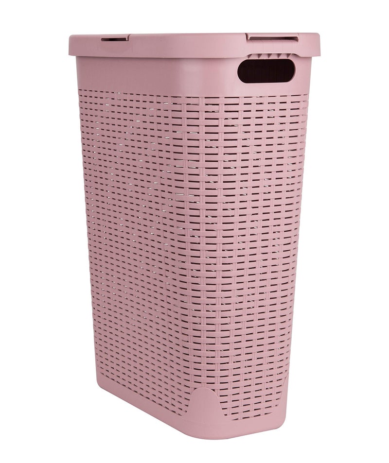 Mind Reader Slim Laundry Hamper with Lid, 40L Clothes Basket, Premium Wicker Design, Plastic, Pink - Image 1