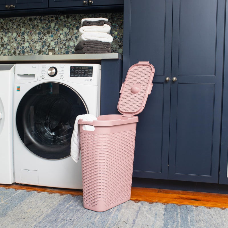 Mind Reader Slim Laundry Hamper with Lid, 40L Clothes Basket, Premium Wicker Design, Plastic, Pink - Image 2