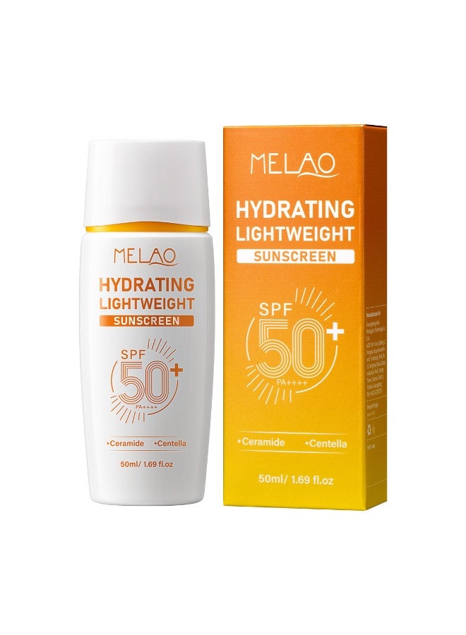 MELAO SPF 50+ PA++++ Hydrating Lightweight Sunscreen, 50ml Daily Sun Protection with Ceramide & Centella, Non-Greasy, No White Cast, Water Resistant Sunscreen for Face & Body - Image 1