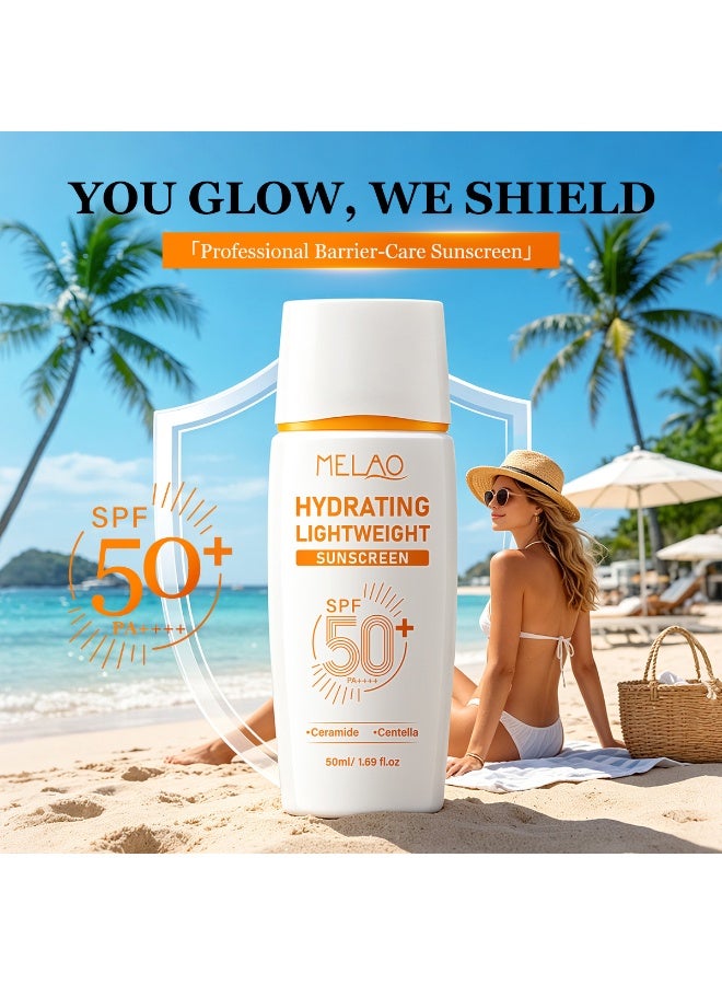 MELAO SPF 50+ PA++++ Hydrating Lightweight Sunscreen, 50ml Daily Sun Protection with Ceramide & Centella, Non-Greasy, No White Cast, Water Resistant Sunscreen for Face & Body - Image 2