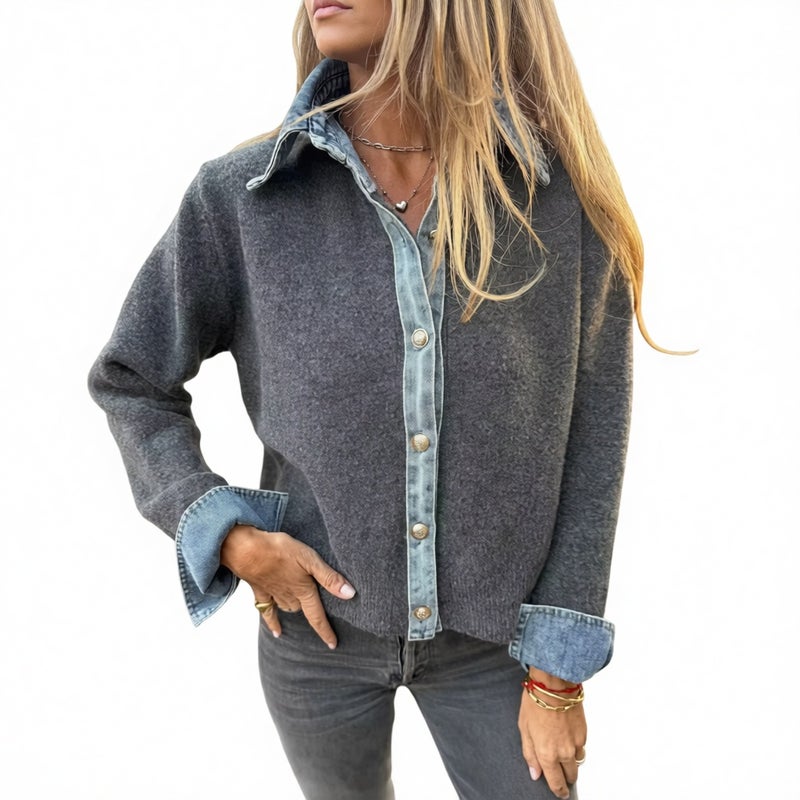 Denim Patchwork Knit Cardigan Sweater Outerwear