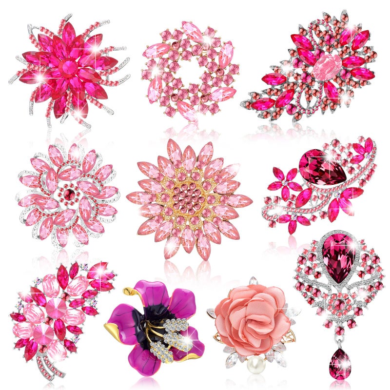 Loetere 10 Pcs Brooches for Women Elegant Rhinestone Bouquet Brooch Pin Crystal Flower Brooch Pink snowflake pin for Wedding Bridal Dress Corsage Bouquet Coats Jackets Sweaters Clothing Accessories - Image 1