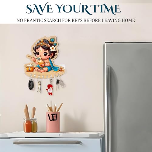 Rousrie Baby Krishna Key Holder for Home Without Drill for Home Decor Stylish, Brown Wooden, No-Drill Decorative Design, Modern Style,cm, 8 Hooks for Home Office Storage - Image 4