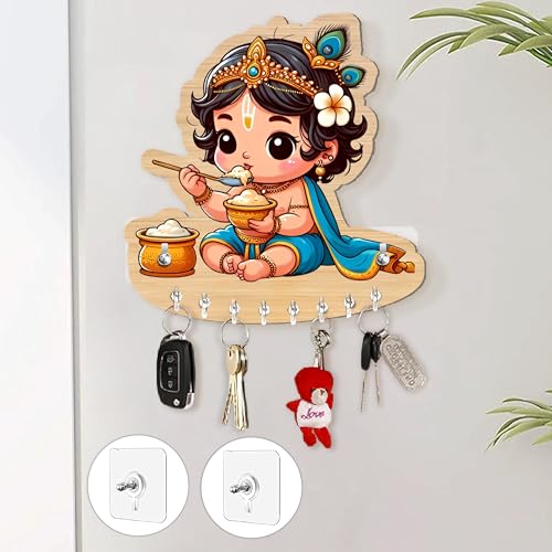 Rousrie Baby Krishna Key Holder for Home Without Drill for Home Decor Stylish, Brown Wooden, No-Drill Decorative Design, Modern Style,cm, 8 Hooks for Home Office Storage - Image 1