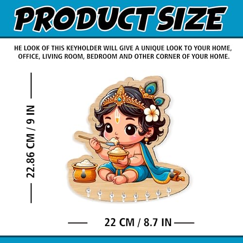 Rousrie Baby Krishna Key Holder for Home Without Drill for Home Decor Stylish, Brown Wooden, No-Drill Decorative Design, Modern Style,cm, 8 Hooks for Home Office Storage - Image 5