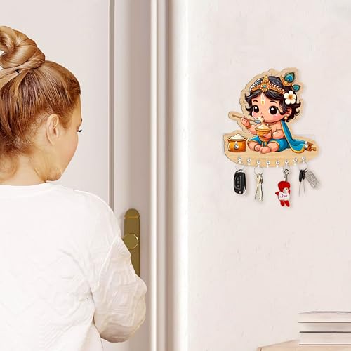 Rousrie Baby Krishna Key Holder for Home Without Drill for Home Decor Stylish, Brown Wooden, No-Drill Decorative Design, Modern Style,cm, 8 Hooks for Home Office Storage - Image 3