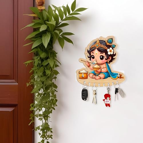 Rousrie Baby Krishna Key Holder for Home Without Drill for Home Decor Stylish, Brown Wooden, No-Drill Decorative Design, Modern Style,cm, 8 Hooks for Home Office Storage - Image 2