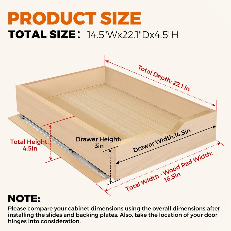 Mobirex Pull Out Drawers for Cabinet 14.5" W x 22" D x 4.5" H Wood Slide Out Organizer and Storage Kitchen Cabinet Drawers Slide Out Shelves Pull Out Shelves in Kitchen Pantry Bathroom with Soft Close - Image 2
