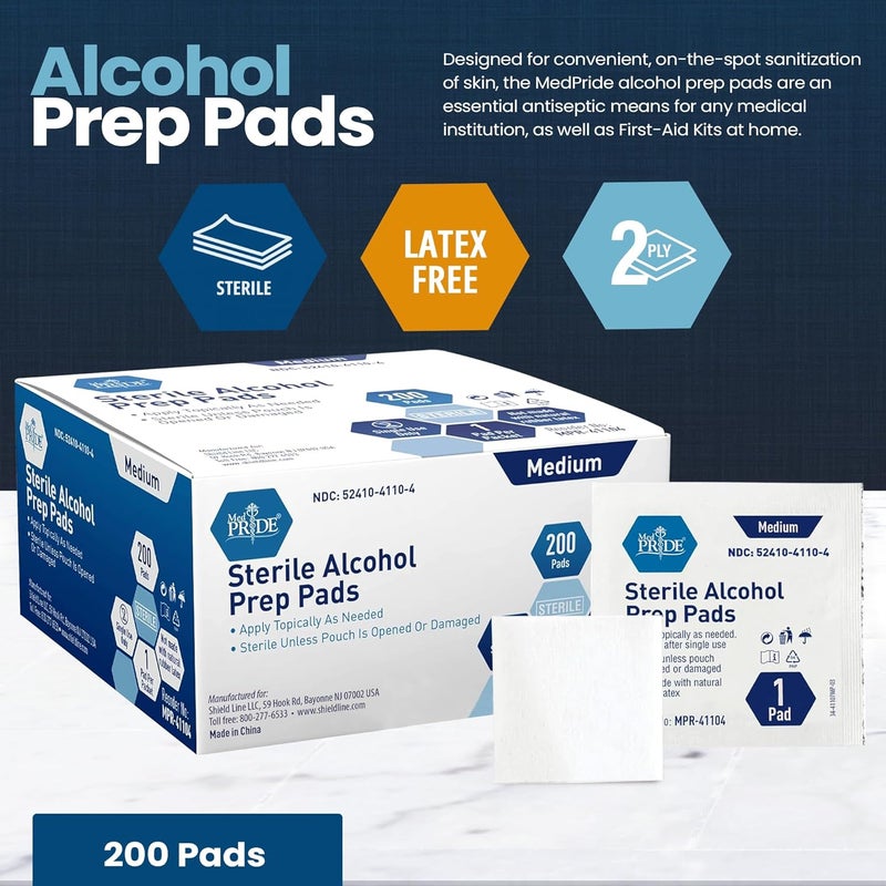 Medpride Sterile Alcohol Prep Pads, Antiseptic, 70% Isopropyl, Individually Wrapped, Medical Grade 2 Ply Wipes (200 Count (Pack of 1) White) - Image 2
