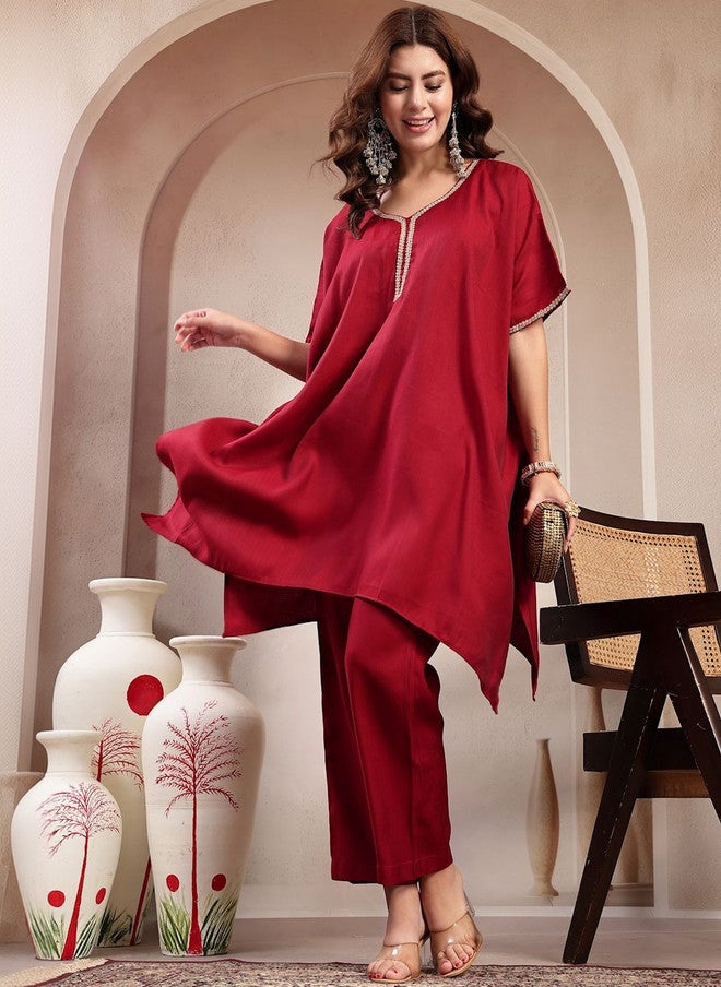 Indibelle Maroon Round Neck Tunic with Trouser Set - Image 3