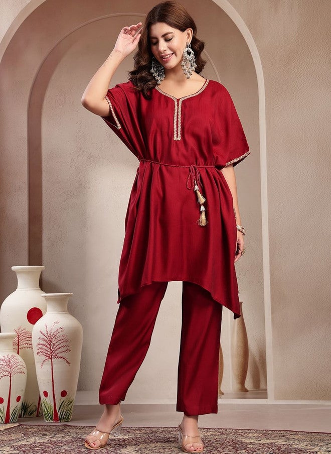Indibelle Maroon Round Neck Tunic with Trouser Set - Image 5