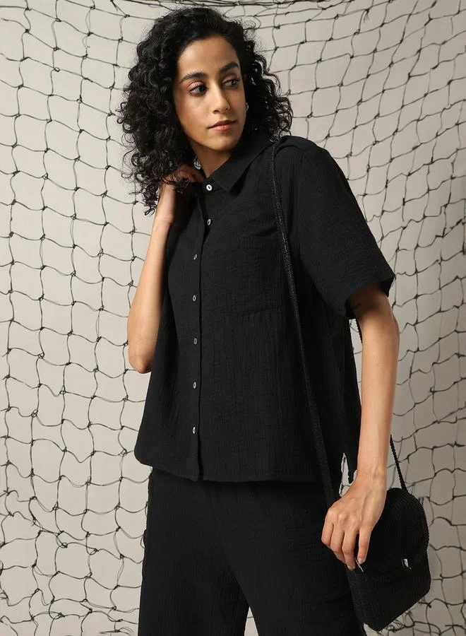 Hubberholme Black Self Design Double Cloth Pure Cotton Shirt With Trouser for Women | Best Price UAE