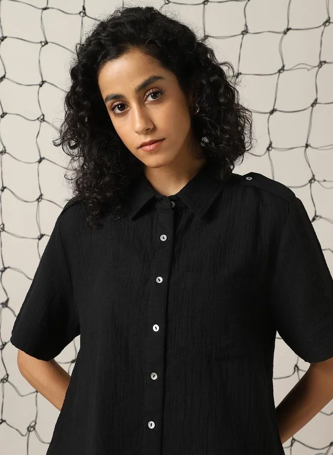 Hubberholme Black Self Design Double Cloth Pure Cotton Shirt With Trouser for Women | Best Price UAE