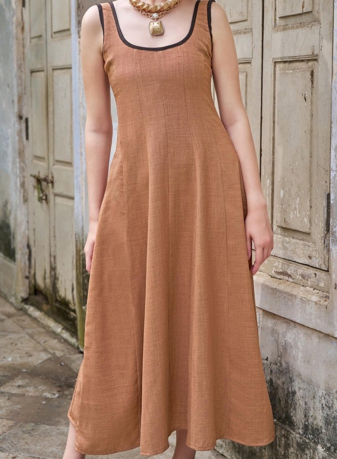 PURVAJA Women’s Maxi Solid Linen Dress (FLOE-296-BROWN-XL) - Image 3