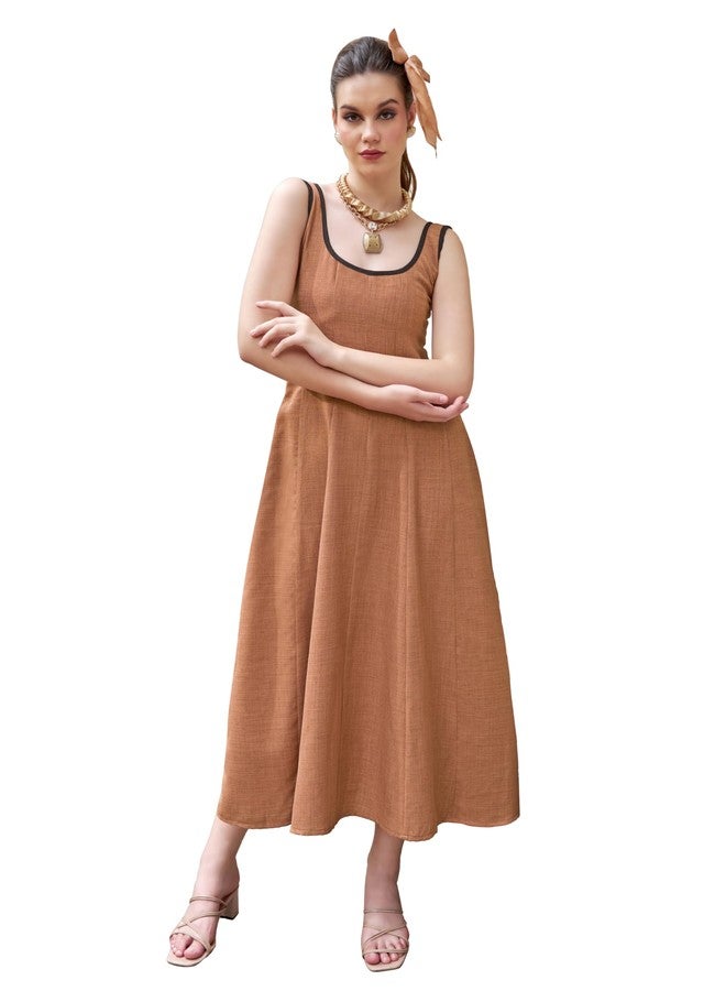 PURVAJA Women’s Maxi Solid Linen Dress (FLOE-296-BROWN-XL) - Image 1