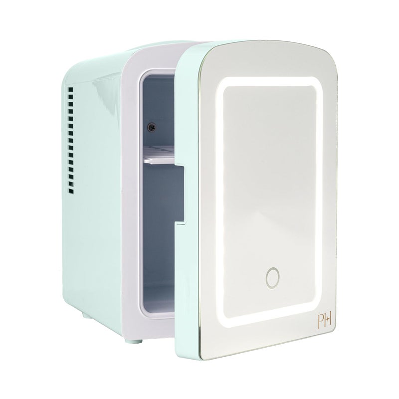 Paris Hilton Paris Hilton Mini Refrigerator and Personal Beauty Fridge Mirrored Door with Dimmable LED Light Thermoelectric Cooling and Warming Function for All Cosmetics and Skincare Needs 4Liter Aqua 