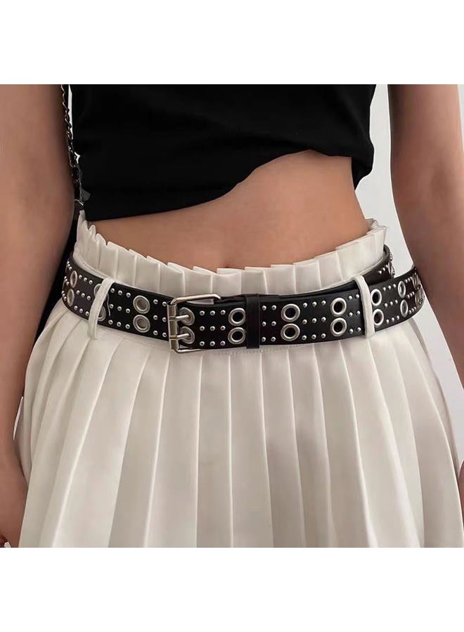 TYHOTULY Y2k Punk Studded Leather Belt for Women Men Goth Emo Grunge Rock Double Buckle Belt Western Jean Clothes Accessories, Black, One size - Image 4