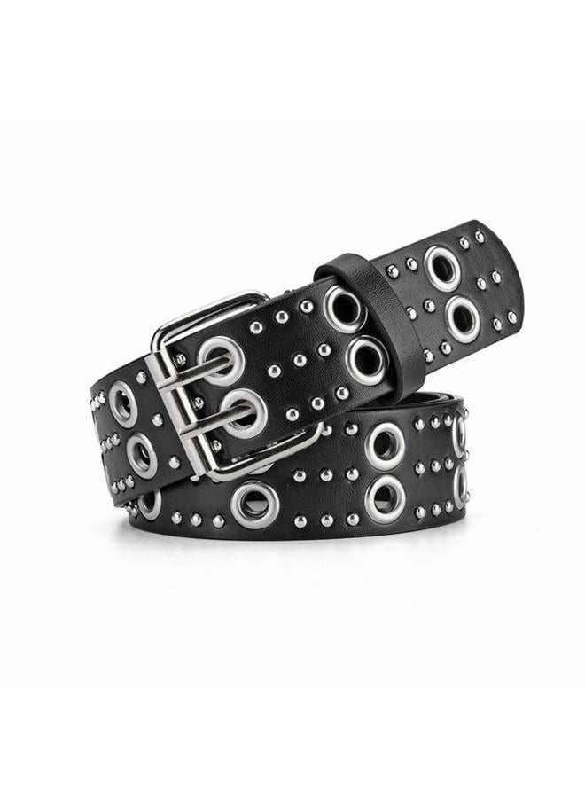 TYHOTULY Y2k Punk Studded Leather Belt for Women Men Goth Emo Grunge Rock Double Buckle Belt Western Jean Clothes Accessories, Black, One size - Image 1