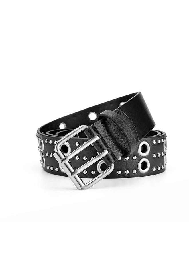 TYHOTULY Y2k Punk Studded Leather Belt for Women Men Goth Emo Grunge Rock Double Buckle Belt Western Jean Clothes Accessories, Black, One size - Image 3