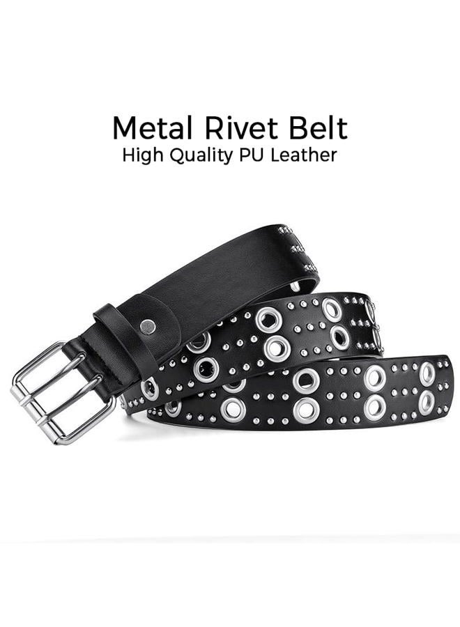 TYHOTULY Y2k Punk Studded Leather Belt for Women Men Goth Emo Grunge Rock Double Buckle Belt Western Jean Clothes Accessories, Black, One size - Image 2