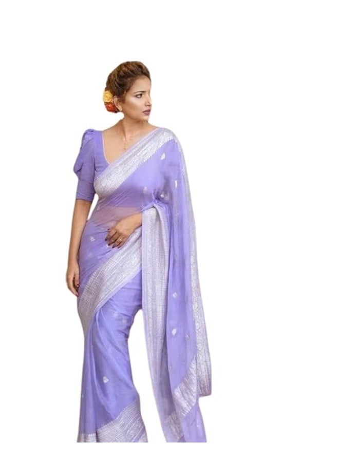 مملكة الإكسسوارات ساري حريري قطن كانجيفارام ناعم خالص للسيدات طراز باناراسي مع قطعة بلوزة لحفلات الزفاف (فاطمة-51) - Image 1