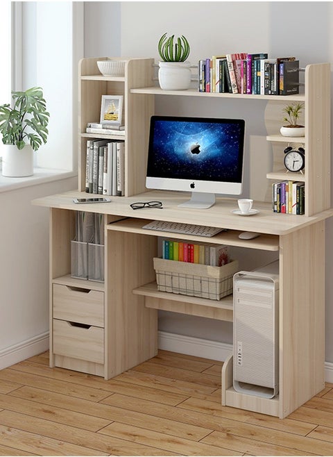 Computer Desk 110cm Home Office Desk Gaming Table PC Laptop Table with Storage Shelves Large Student Writing Study Table with Bookself Easy Assembly