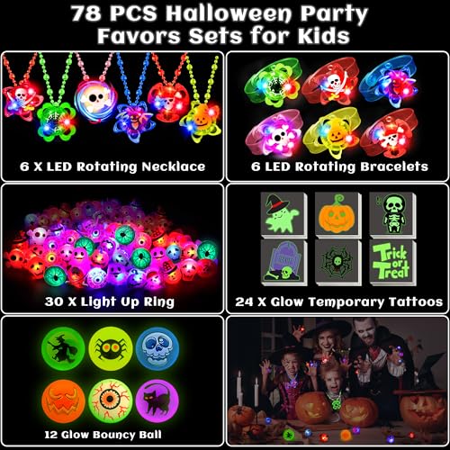Grastfu 78 PCS Halloween Party Favors for Kids Halloween Glow in The Dark Toys Bulk Light Up Rotating Necklaces Bracelet LED Rings Halloween Treats for Classroom Prizes Goodie Bag Fillers Trick or Treat Toy - Image 5