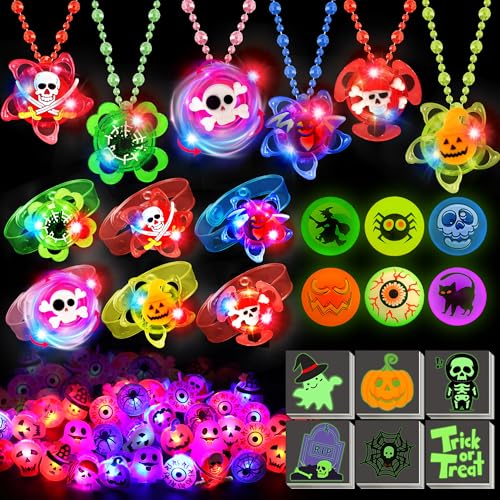Grastfu 78 PCS Halloween Party Favors for Kids Halloween Glow in The Dark Toys Bulk Light Up Rotating Necklaces Bracelet LED Rings Halloween Treats for Classroom Prizes Goodie Bag Fillers Trick or Treat Toy - Image 1