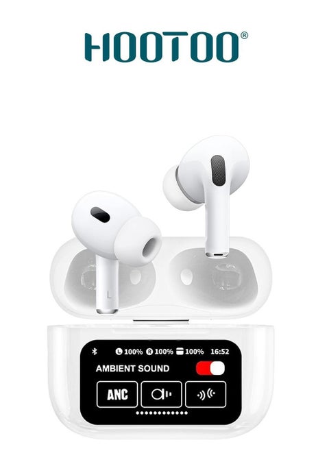 HOOTOO In-Ear Bluetooth Airbuds Pro EP-74 with clear sound and built-in microphone for calls, with charging case with Type-C port, equipped with a touch control screen and supports a special app for control, supports wireless charging. In white